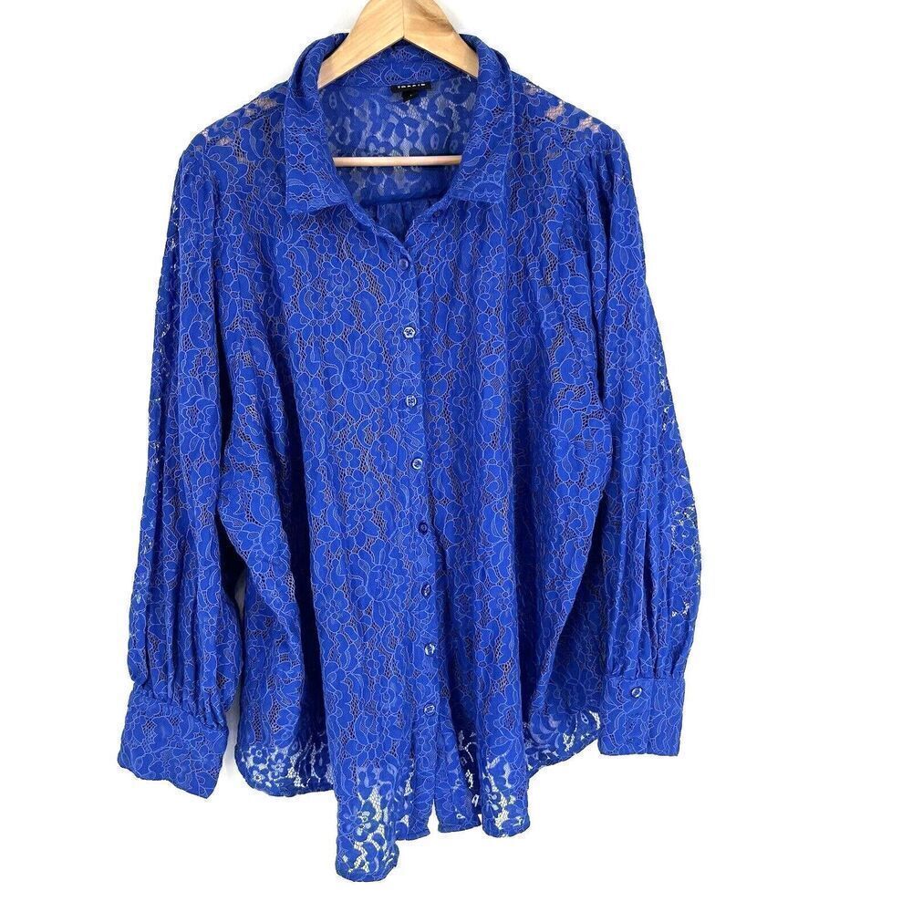 Torrid Top Women Size 4 Blue Floral Lace Button Up Shirt Sheer Blouse Romantic